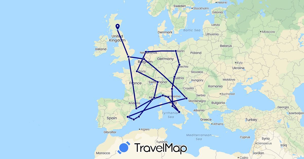 TravelMap itinerary: driving in Austria, Belgium, Switzerland, Czech Republic, Germany, Spain, France, United Kingdom, Croatia, Italy, Netherlands (Europe)